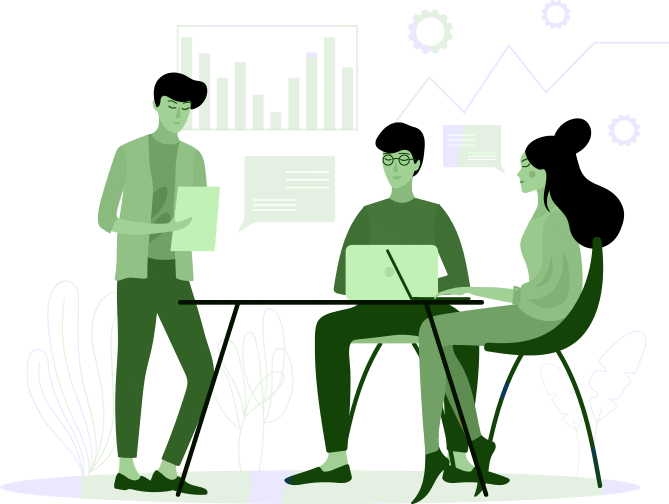 two people sitting at a table with a laptop